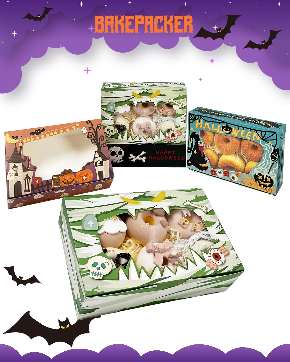 Halloween Bakery Boxes with Window 9x6x2.5 inches Pastry Boxes Mini Cookie Boxes for Festival Bakerys Thick & Sturdy （24 Packs）