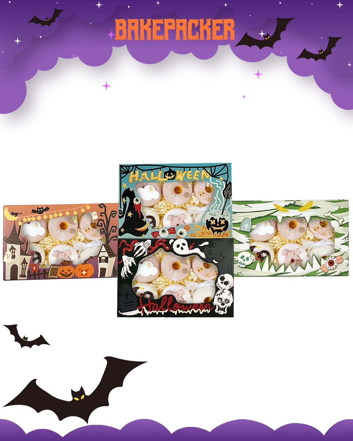 Halloween Bakery Boxes with Window 9x6x2.5 inches Pastry Boxes Mini Cookie Boxes for Festival Bakerys Thick & Sturdy （24 Packs）