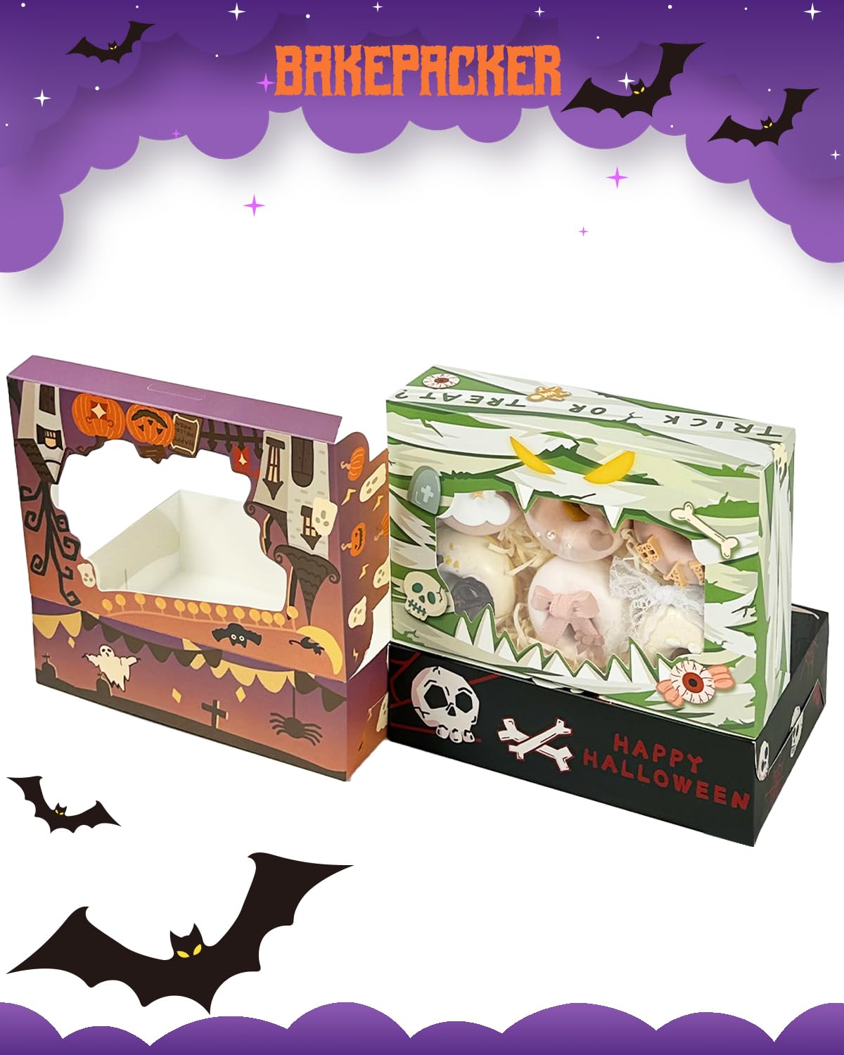 Halloween Bakery Boxes with Window 9x6x2.5 inches Pastry Boxes Mini Cookie Boxes for Festival Bakerys Thick & Sturdy （24 Packs）