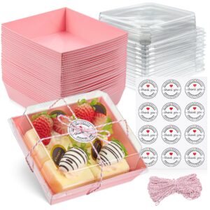 Leafiew 50 Pack Bakery Boxes - Small Dessert Boxes To Go - 5 Inch Paper Mini Cake Boxes, Clear Treat Boxes, Disposable Cookie Cake Slice Containers for Charcuterie, Strawberries, Baked Goods (Pink)