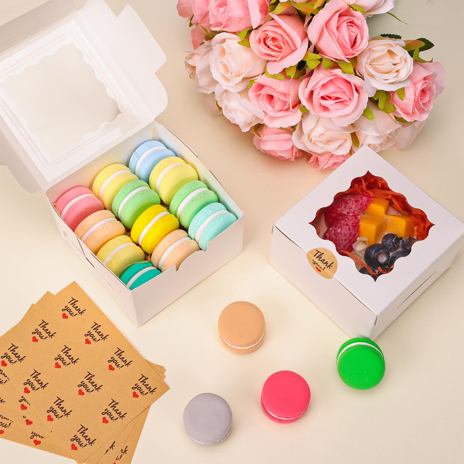 Moretoes 80pcs Small Cookie Boxes 4x4x2.5in White Bakery Boxes with Window Treat Boxes Cake Boxes for Dessert Pastry Macaron