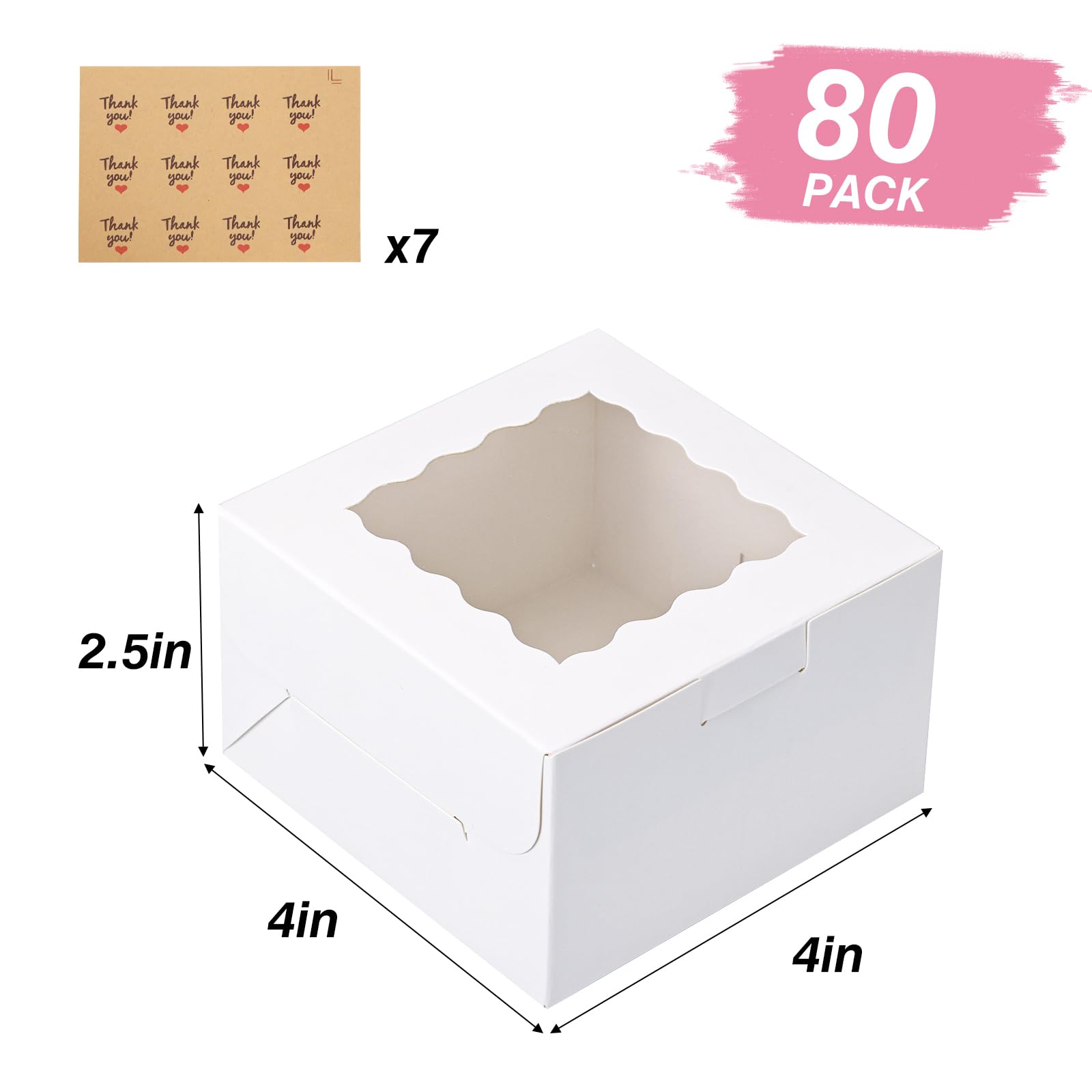 Moretoes 80pcs Small Cookie Boxes 4x4x2.5in White Bakery Boxes with Window Treat Boxes Cake Boxes for Dessert Pastry Macaron