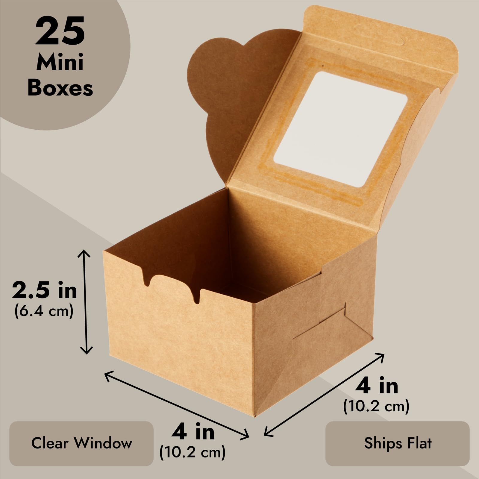 Juvale 25-Pack Mini Cake Boxes with Window - Individual Cupcake Packaging Containers for Bundt Cakes, Cookies, Baked Goods, Donut, Pie (Kraft Paper Material, 4x4x2.5 In)