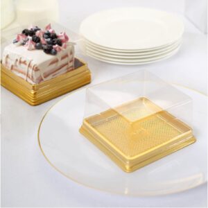 Efavormart 50 Pack | Clear/Gold Square Mini Plastic Dessert Party Favor Boxes, Cupcake Muffin Food Containers - 4"X4"X2.5"