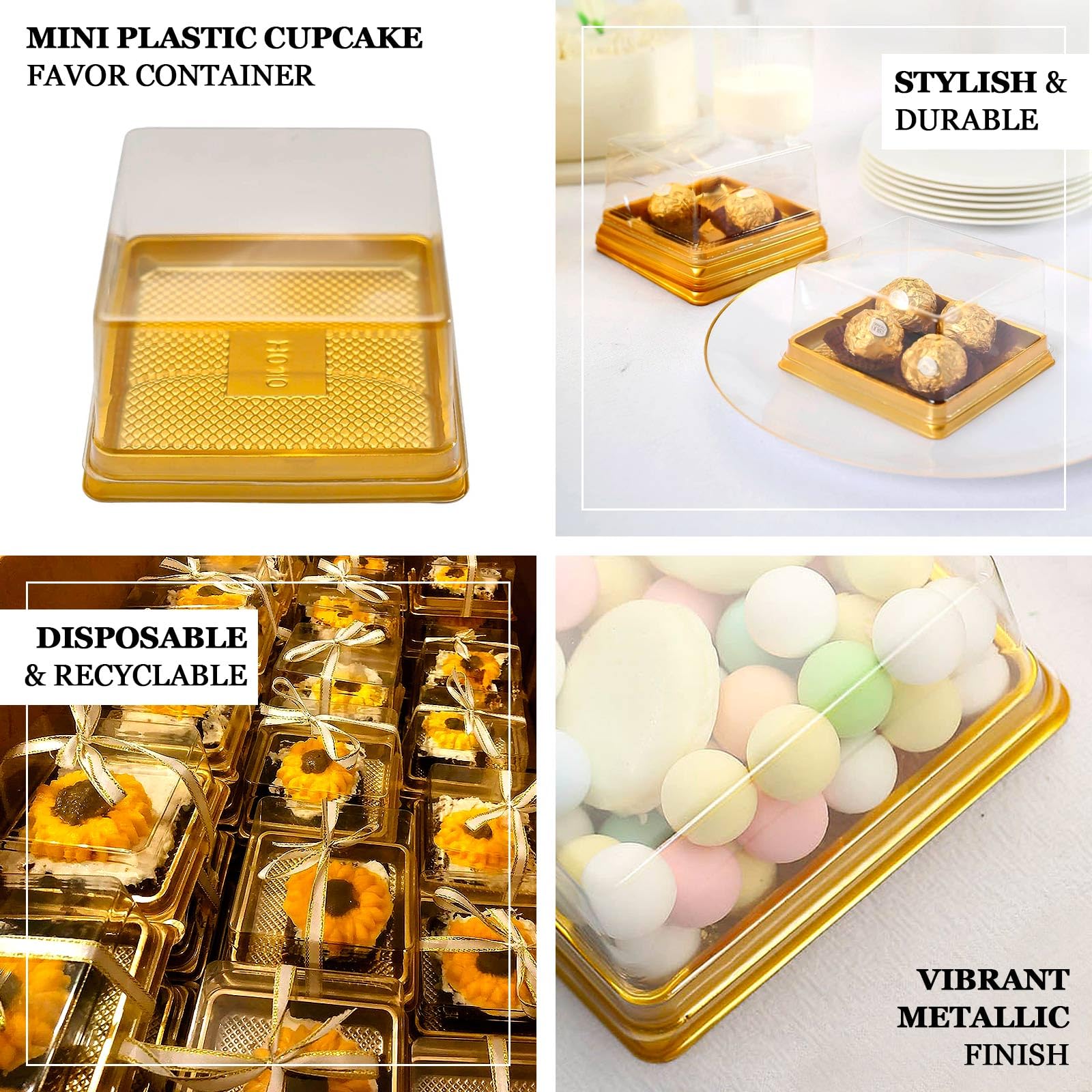 Efavormart 50 Pack | Clear/Gold Square Mini Plastic Dessert Party Favor Boxes, Cupcake Muffin Food Containers - 4"X4"X2.5"