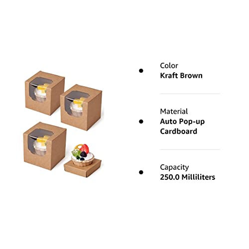 Happyhiram Cupcake Boxes 50 Pcs Brown Kraft Individual Cupcake Box, Single Container Paper Holder with Insert and Window for Muffins Cocoa Bombs Packaging Togo Boxes for Birthdays Party Favor