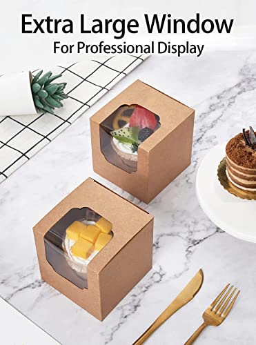 Happyhiram Cupcake Boxes 50 Pcs Brown Kraft Individual Cupcake Box, Single Container Paper Holder with Insert and Window for Muffins Cocoa Bombs Packaging Togo Boxes for Birthdays Party Favor