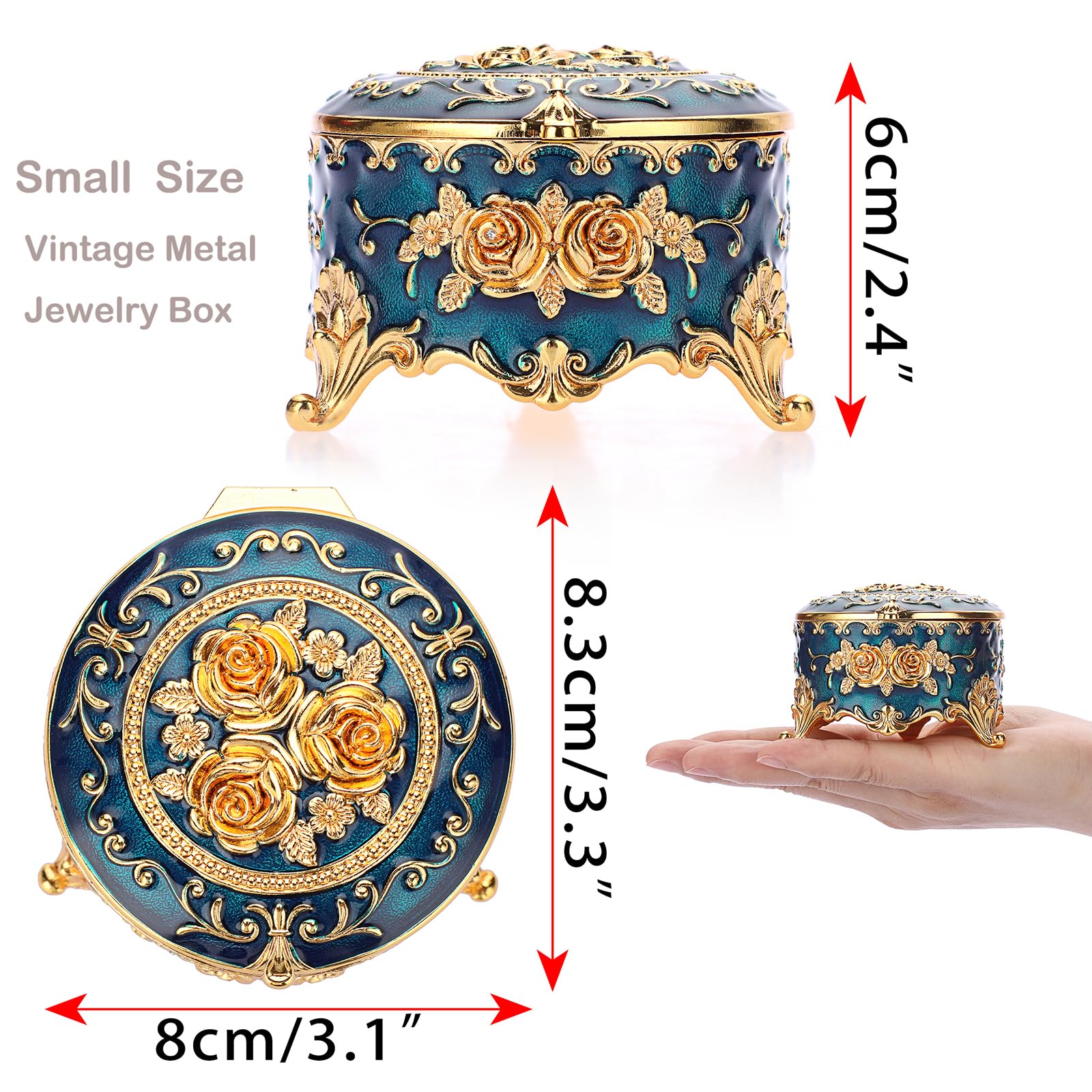 Hipiwe Antique Metal Jewelry Box Ring Earring Treasure Chest Case Small Trinket Box Round Jewelry Display Box Necklace Organizer Wedding Birthday Gift Home Decor, 3x3x2.4 inch