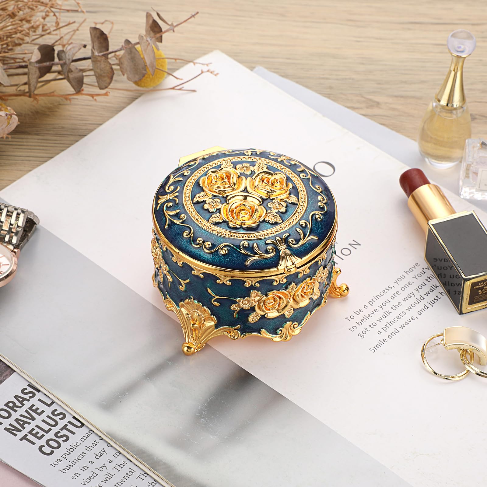 Hipiwe Antique Metal Jewelry Box Ring Earring Treasure Chest Case Small Trinket Box Round Jewelry Display Box Necklace Organizer Wedding Birthday Gift Home Decor, 3x3x2.4 inch