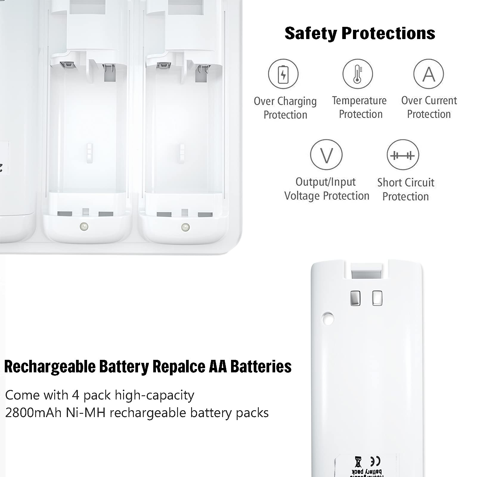 Battery Charger for Wii & Wii U Remote Controller,4pcs 2800mAh NiMH Rechargeable Battery Packs with 4-in-1 Charging Station for Wii & Wii U Game Remote [ Latest Upgrade Version]-White