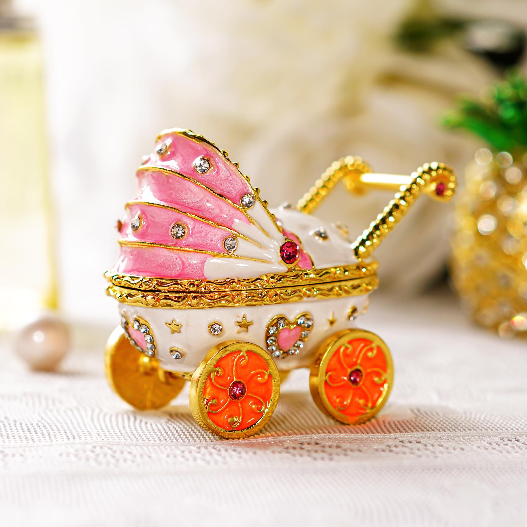 YU FENG 2.5'' Baby Pink Carriage Stroller Shaped Jewelry Trinket Boxes Hinged,Hand-painted Enameled Decorative Box Jewelry Ring Holder Organizers For Women,Girls