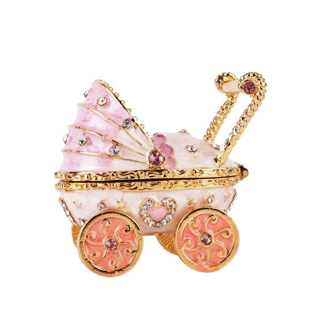 YU FENG 2.5'' Baby Pink Carriage Stroller Shaped Jewelry Trinket Boxes Hinged,Hand-painted Enameled Decorative Box Jewelry Ring Holder Organizers For Women,Girls