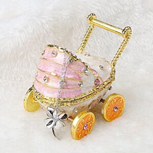 YU FENG 2.5'' Baby Pink Carriage Stroller Shaped Jewelry Trinket Boxes Hinged,Hand-painted Enameled Decorative Box Jewelry Ring Holder Organizers For Women,Girls