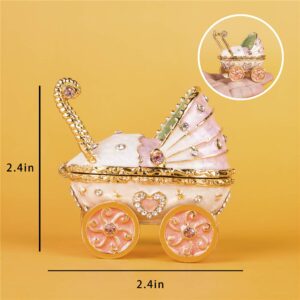 YU FENG 2.5'' Baby Pink Carriage Stroller Shaped Jewelry Trinket Boxes Hinged,Hand-painted Enameled Decorative Box Jewelry Ring Holder Organizers For Women,Girls