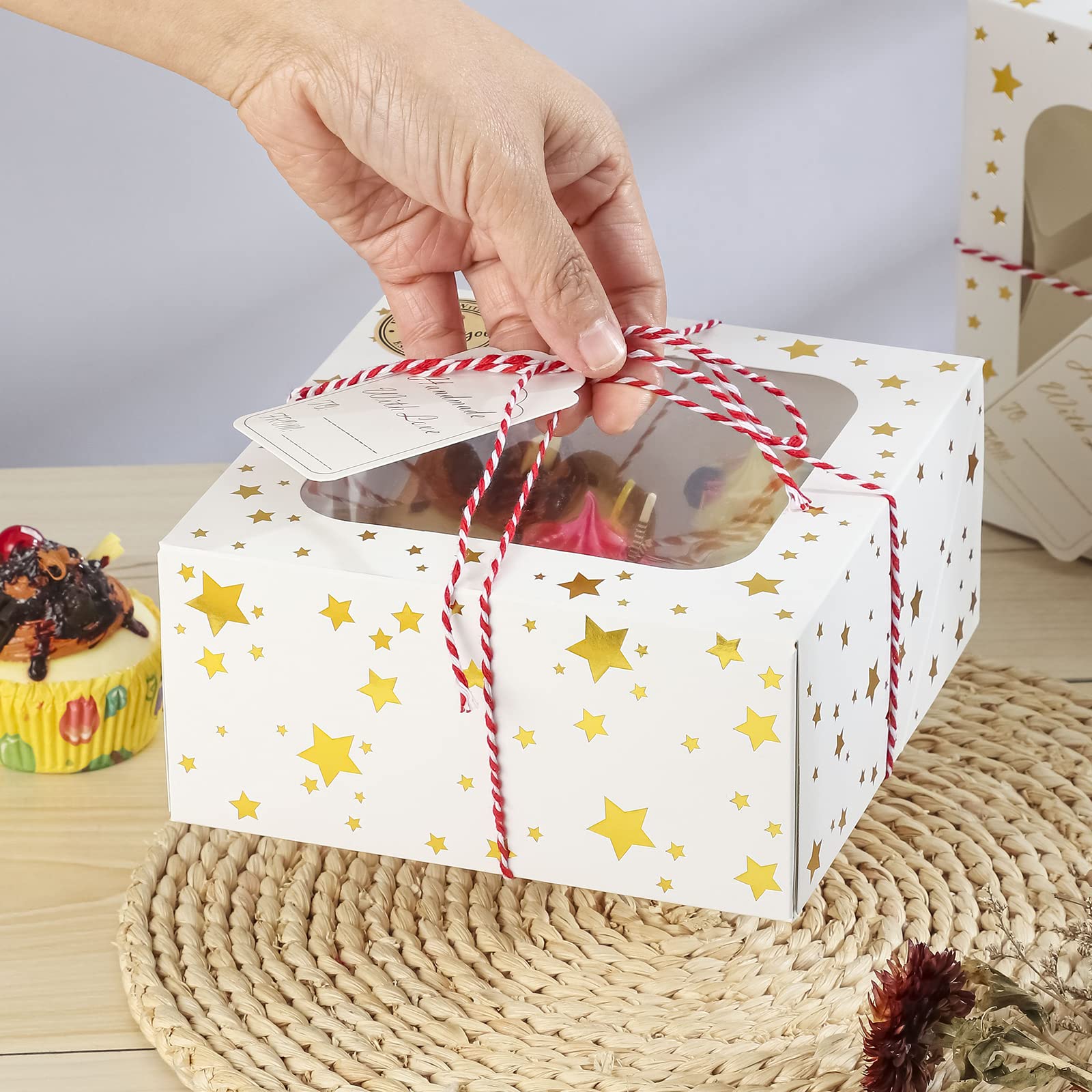 CHOUNYEE 24 Pack 6X6X3 Christmas Cookie Boxes for Gift Giving Gold Foil Star White Bakery Boxes with Window 6 Inch Small Treat Boxes for Mini Cake Pastry Dessert Cupcakes Candy Donut Packaging