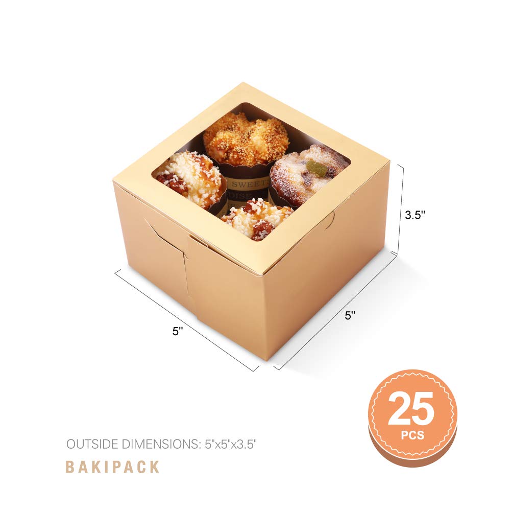 BAKIPACK 25 Gold Bakery Boxes with Window 5x5x3.5 Inches, Dessert Boxes to Go with Window, Treat Boxes for Small Bakery, Dessert, Candy, Cookies, Pastry, Party Favors, Wedding Cake