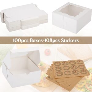 100 Packs Bakery Boxes with Window 6 x 6 x 3 Inch Small Cookie Boxes Mini Macaron Boxes for Packaging Dessert Boxes Pastry Boxes Treat Boxes with Window Cake Box Pie Boxes with 100 Stickers(White)