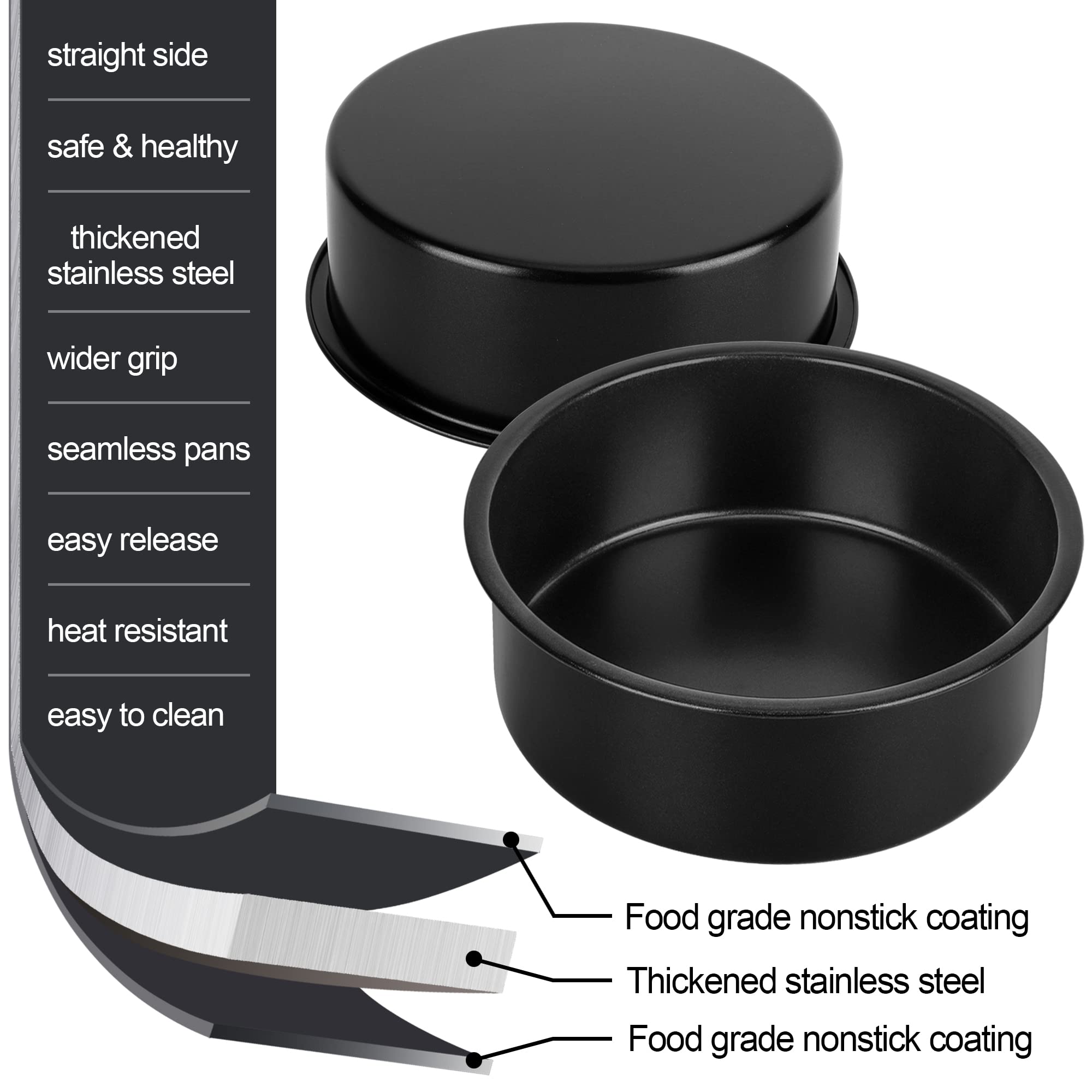 AWTBDP 4.5-Inch Cake Pan Set of 4, Nonstick Stainless Steel Baking Round Cake Pans Tins Bakeware for Mini Cake Pizza, Quiche, Non Toxic Coating, Straight Side, Easy Clean Easy Release, 2 Inch Deep