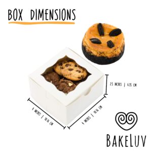 BAKELUV 4x4 Cookie Boxes with Window | White, 100 PCS | Small Treat Boxes, 4x4x2.5 Small Cookie Boxes, Bake Sale Boxes, 4 Inch To Go Bakery/Dessert, Cake Slice Boxes Individual, Cupcake/Muffin Box