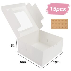 Moretoes 15pcs 10x10x5in Cake Boxes with Window, White Bakery Boxes Cajas Pasteles, Bundt Cake Boxes for Cake Cupcake Pie Dessert Pastries, Wedding