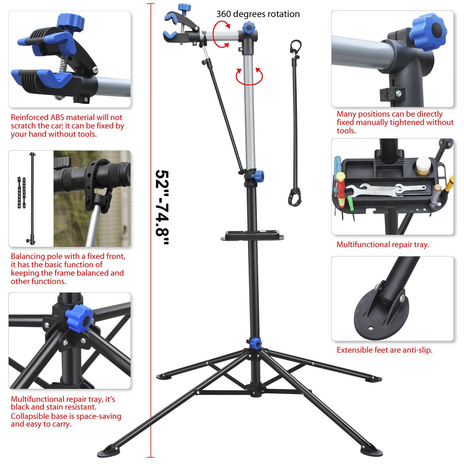 Yaheetech Bike Repair Stand Bicycle Workshop Stand Foldable Bike Maintenance Rack w/ Tool Tray Height Adjustble Bicycle Repair Stand for Road & Mountain Bikes