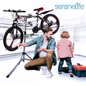 SereneLife Home Mechanic Bicycle Repair Stand - Height Adjustable, 360° Clamp Rotation w/Upgraded Collar & Leg Supports, Holds Up to 80 lbs, Mountain Bike Holder Cleaning or Maintenance Tool Kit