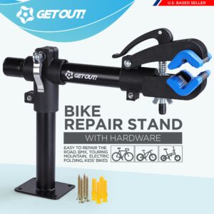 Get Out! Bike Repair Stand for Maintenance - Wall or Bench Mount Bicycle Repair Clamp - Workbench Cycling Work Stand Vise for Repairing Folding, Mountain, Electric, or Road Bikes