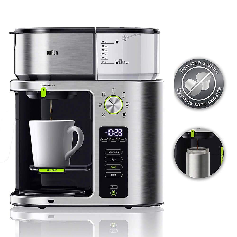 Braun MultiServe Coffee Machine 7 Programmable Brew Sizes / 3 Strengths + Iced Coffee & Hot Water for Tea, Glass Carafe (10-Cup), Stainless Steel, Silver KF9170SI