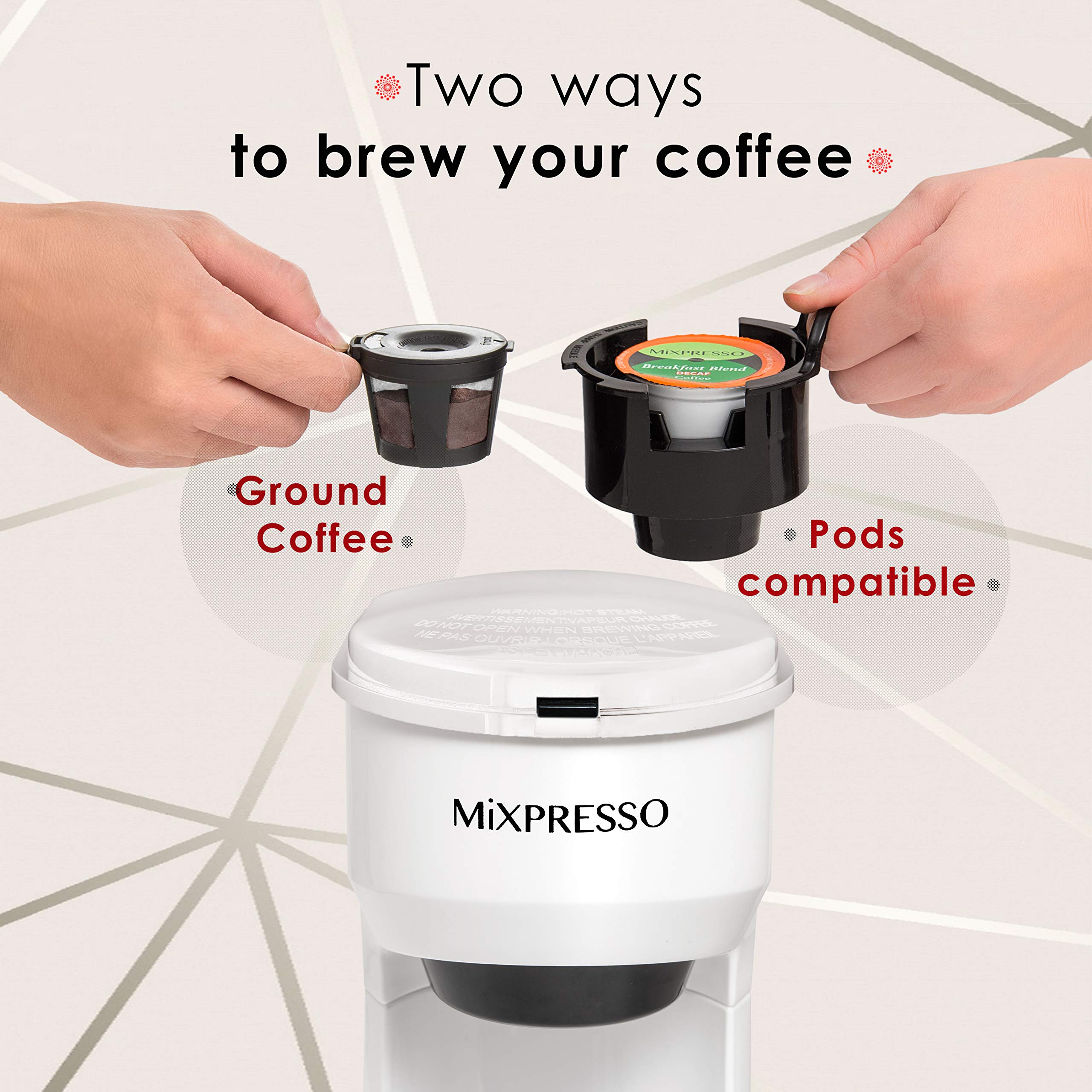 Mixpresso 2 in 1 Coffee Brewer Pods Compatible & Ground Coffee, Personal Coffee Brewer Machine, Compact Size Mini Coffee Maker, Quick Brew Technology 14 oz White Coffee Maker