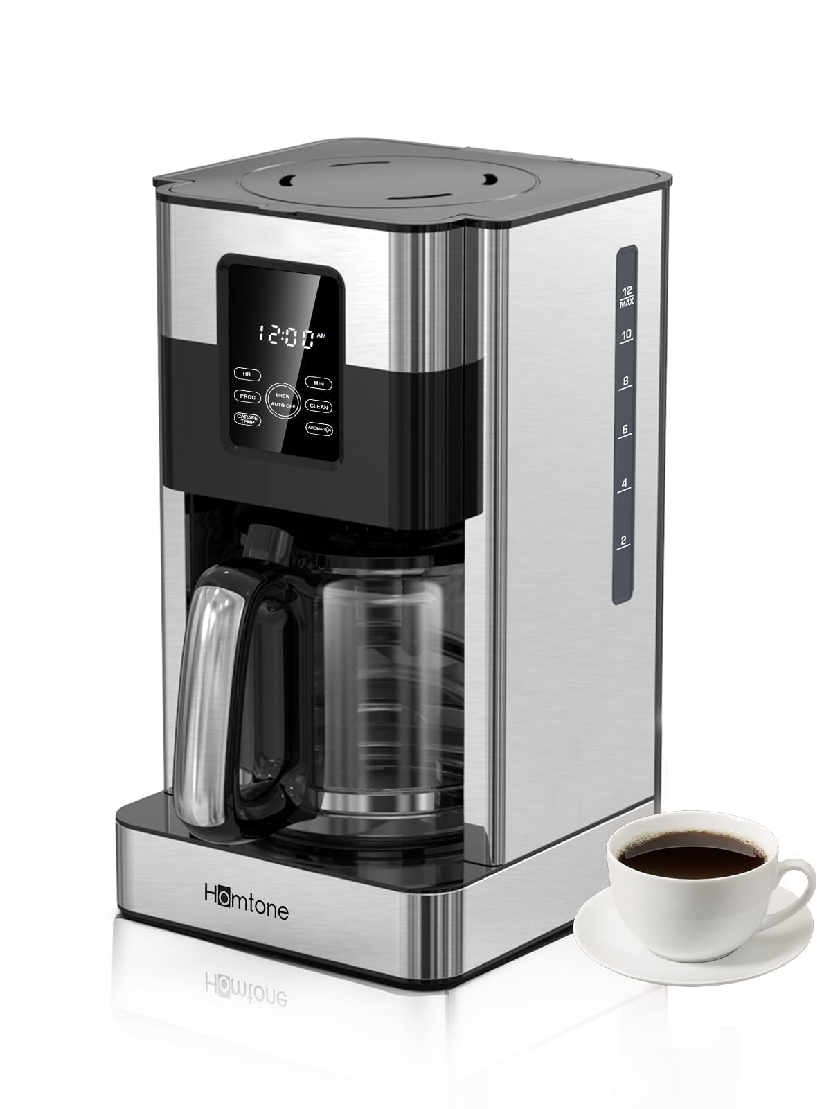 Homtone Coffee Maker 12 Cup Programmable, Anti-Drip Digital Coffee Machine, Brew Strength Control Coffee Maker for Hot Coffee, Stainless Steel, LCD Touch Screen, Permanent Filter, 1000W