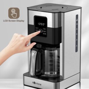 Homtone Coffee Maker 12 Cup Programmable, Anti-Drip Digital Coffee Machine, Brew Strength Control Coffee Maker for Hot Coffee, Stainless Steel, LCD Touch Screen, Permanent Filter, 1000W