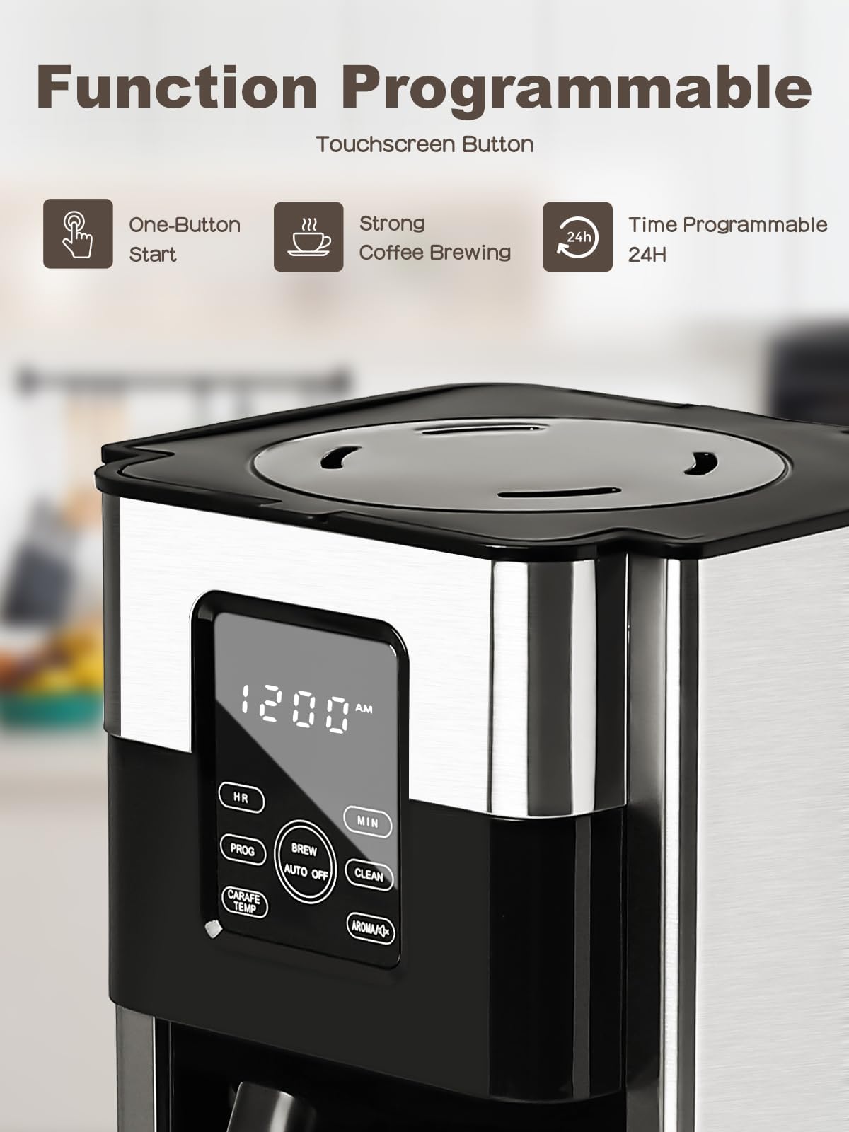 Homtone Coffee Maker 12 Cup Programmable, Anti-Drip Digital Coffee Machine, Brew Strength Control Coffee Maker for Hot Coffee, Stainless Steel, LCD Touch Screen, Permanent Filter, 1000W