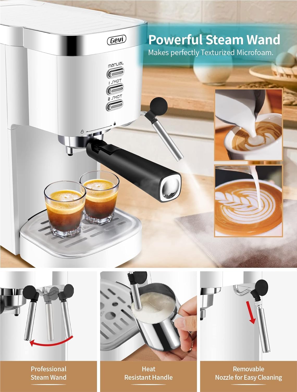 Gevi Coffee Servers 20 Bar High Pressure Espresso Machines, Expresso Coffee Machine with Milk Frother for Espresso, Latte Macchiato, Cuppuccino,1.2L Water Tank, 1350W