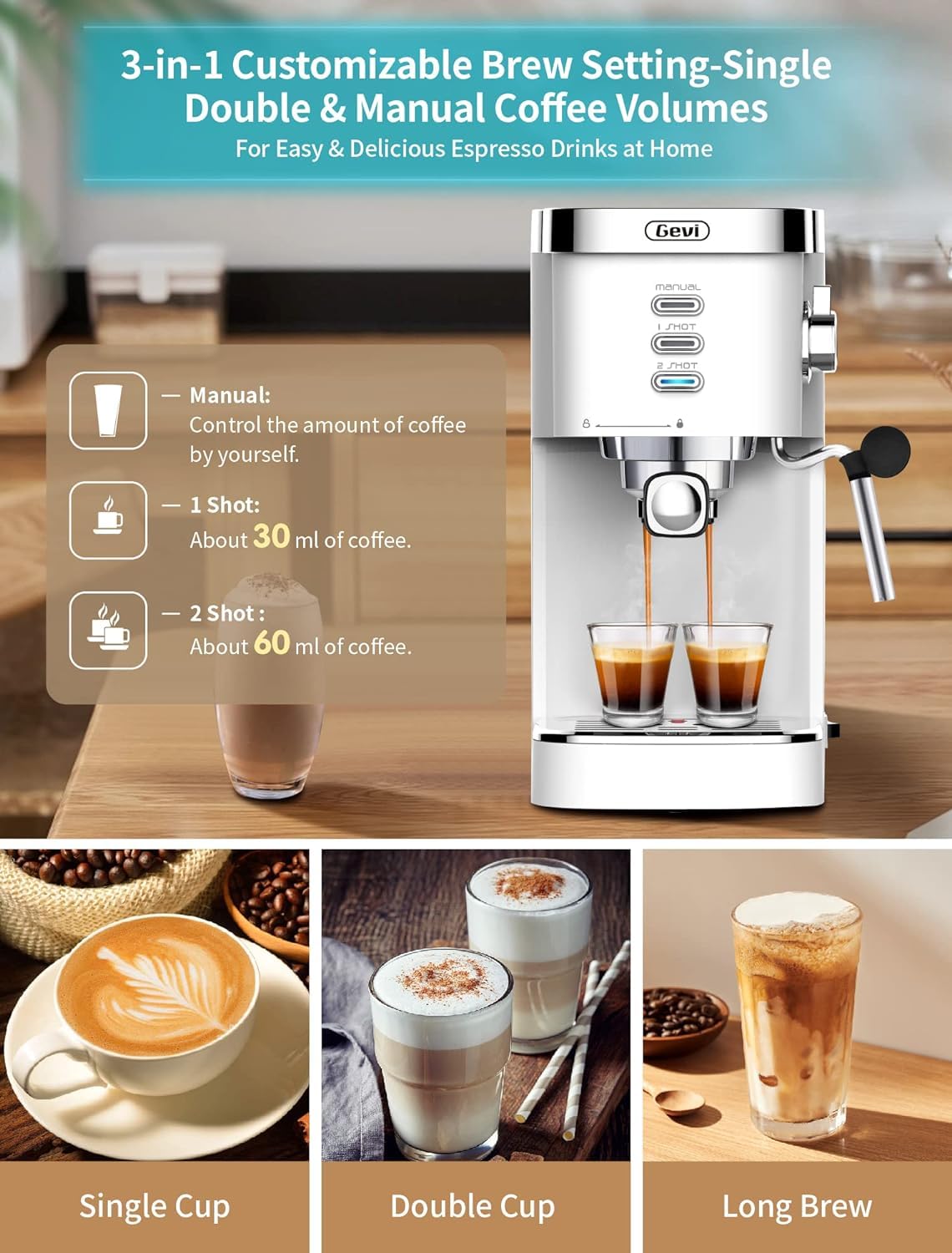 Gevi Coffee Servers 20 Bar High Pressure Espresso Machines, Expresso Coffee Machine with Milk Frother for Espresso, Latte Macchiato, Cuppuccino,1.2L Water Tank, 1350W