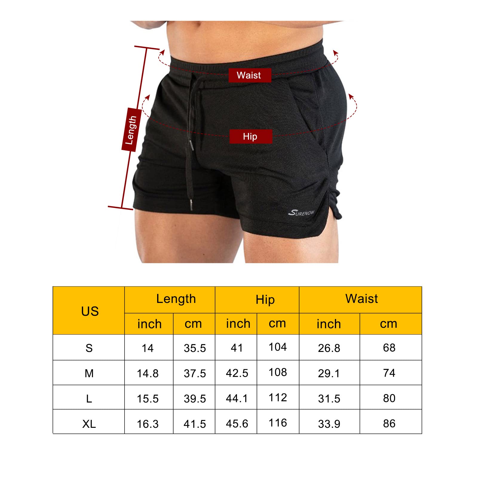 Surenow Mens Running Gym Shorts 3 Inch Breathable Lightweight Athletic Sport Shorts Training Workout Shorts with Pockets Black