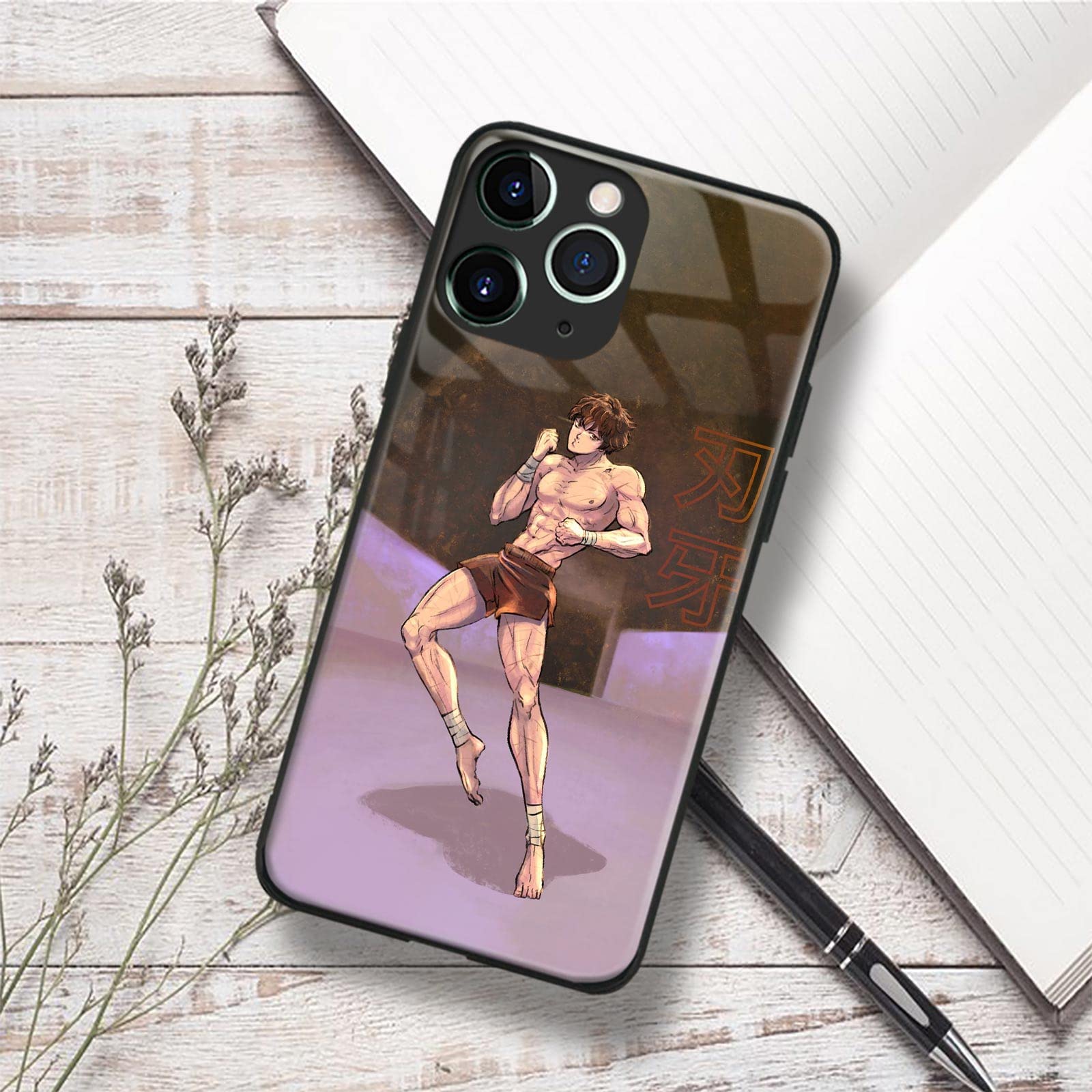 HEMINJYJEF Japanese Anime Anti-Drop Shell Cover Manga Pattern Non-Slip Glossy Glass Cell Phone Protective Case (for iPhone 11 Pro Max,Baki Hanma)