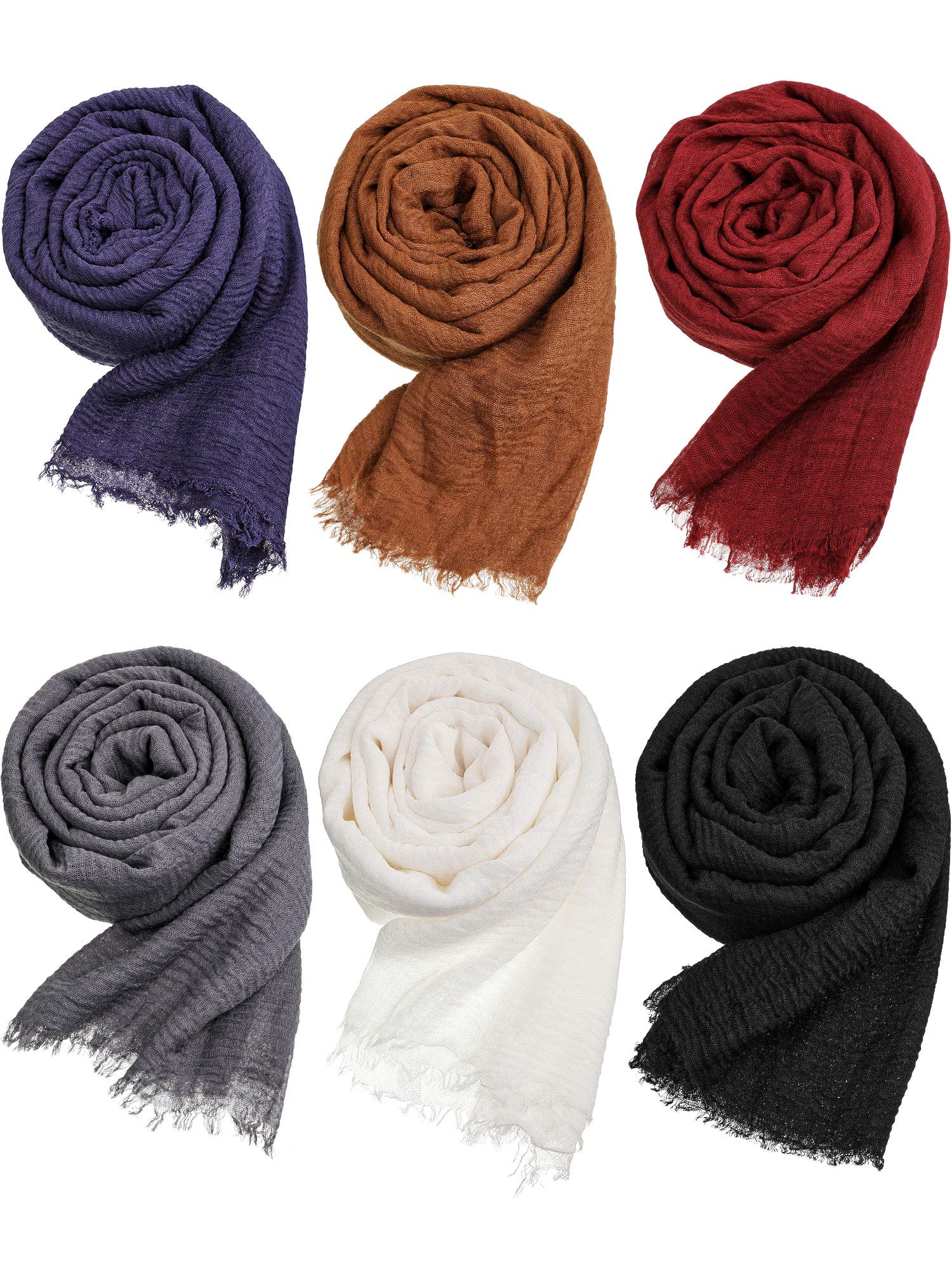 Geyoga 6 Pcs Women Scarf Shawl Hijab Scarfs Cotton Blend Crinkle Scarf Wrap Head Scarf for Seasons(Classic Colors)