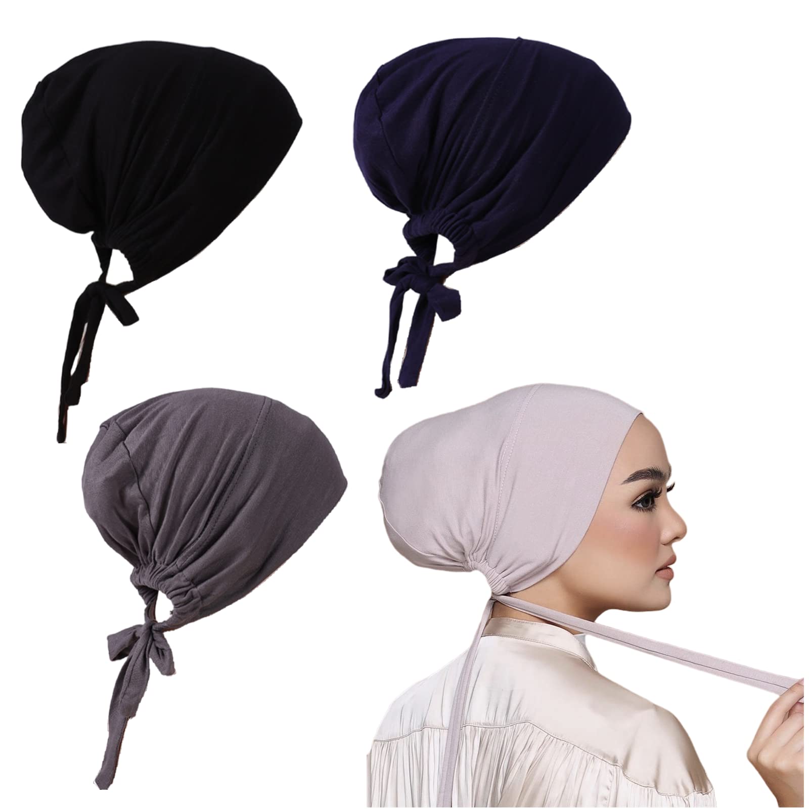 Cntqiang 3 Pieces Adjustable Muslim Inner Under Hijab Cap with Ties Back Islamic Under scarf Bonnet Caps Chemo cap (Black)