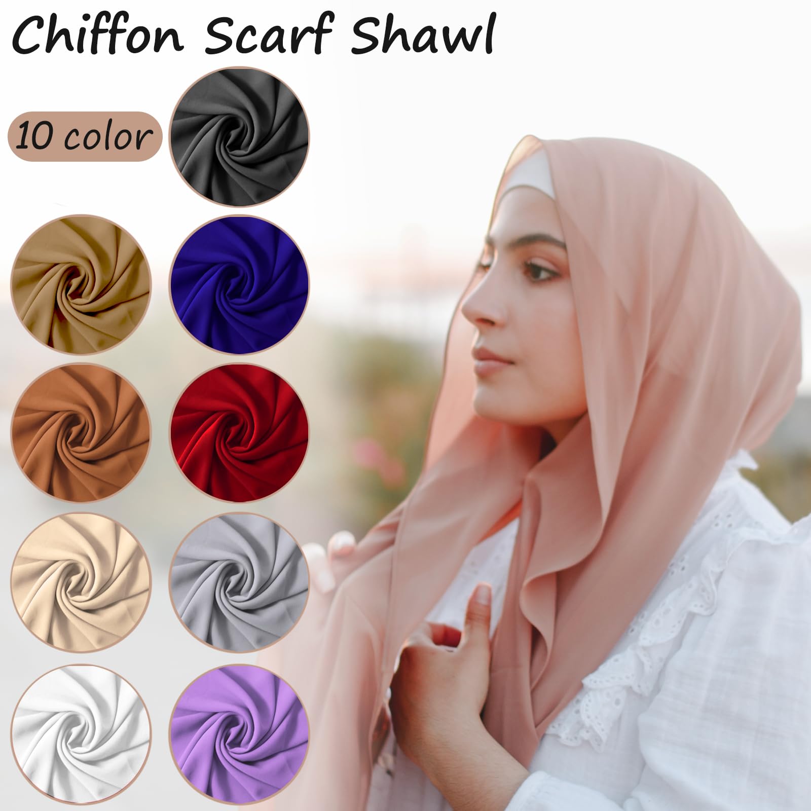 Beieverluck 10 Pieces Chiffon Hijab Head Scarf for Women Solid Color Chiffon Long Scarf Shawls and Wraps Lightweight, 10 Colors