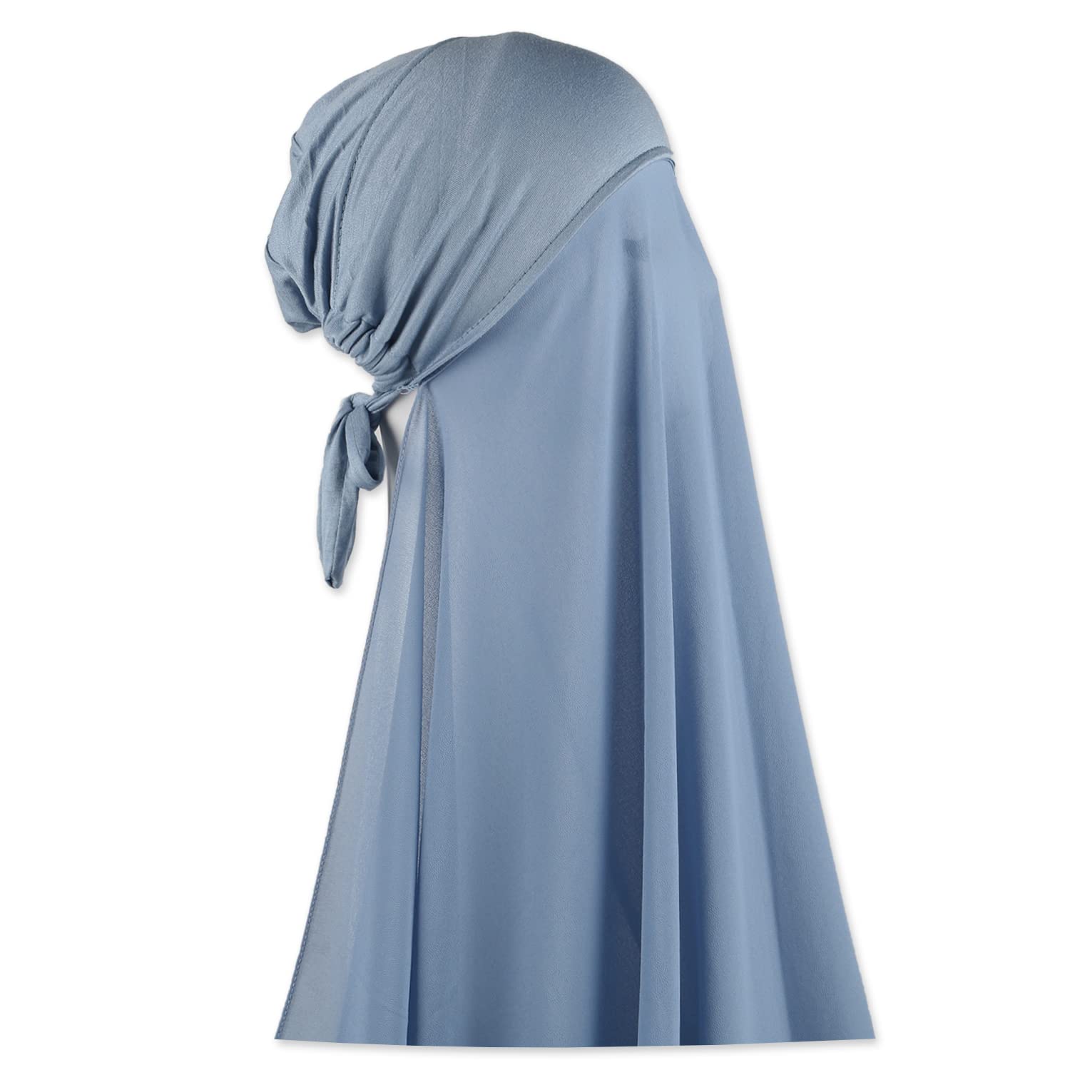 Muslim Women Instant Chiffon Hijab with Tie Back Under cap Fashion Solid Color Soft Chiffon Scarf With Hijab Inner Cap (Forever Blue)