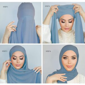 Muslim Women Instant Chiffon Hijab with Tie Back Under cap Fashion Solid Color Soft Chiffon Scarf With Hijab Inner Cap (Forever Blue)