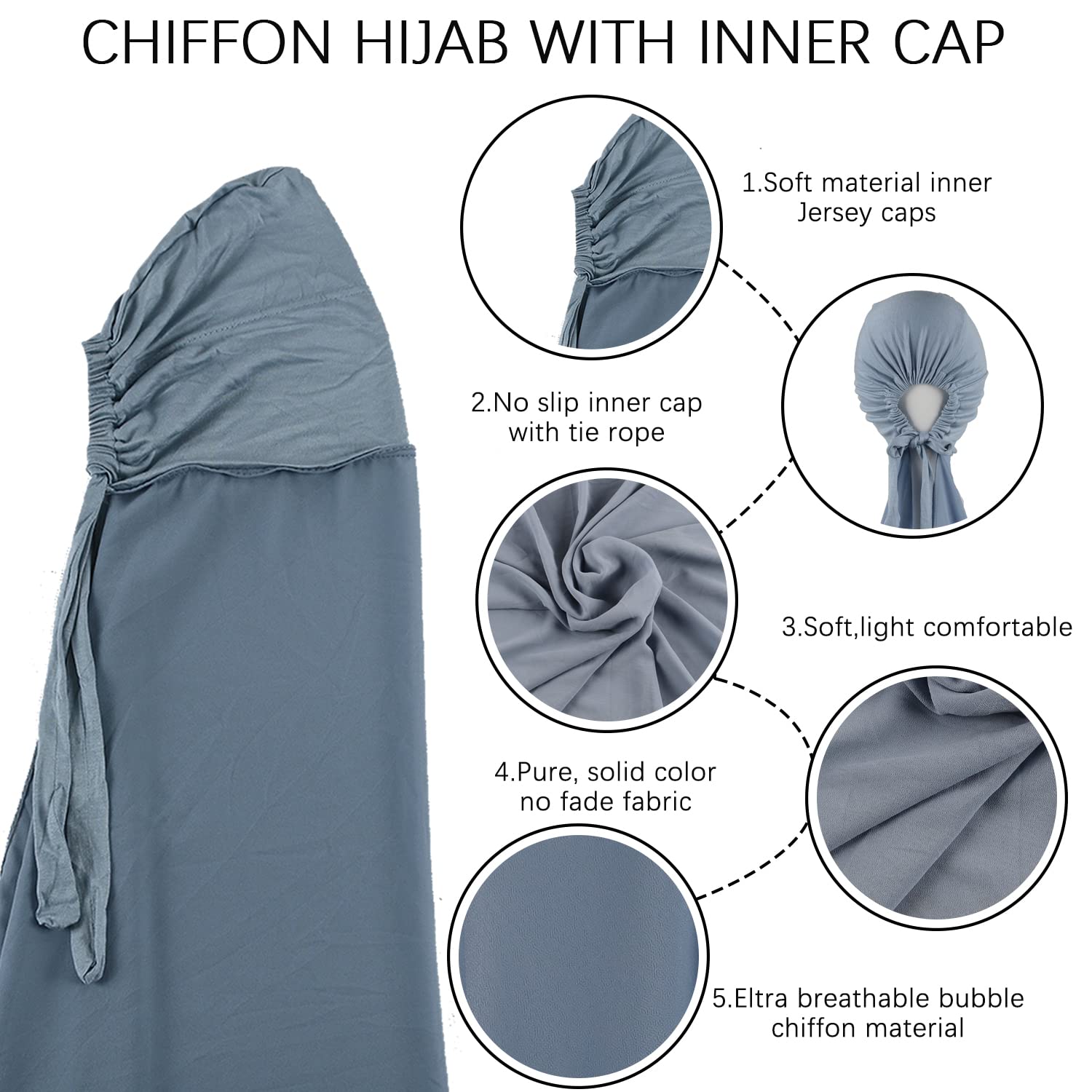 Muslim Women Instant Chiffon Hijab with Tie Back Under cap Fashion Solid Color Soft Chiffon Scarf With Hijab Inner Cap (Forever Blue)