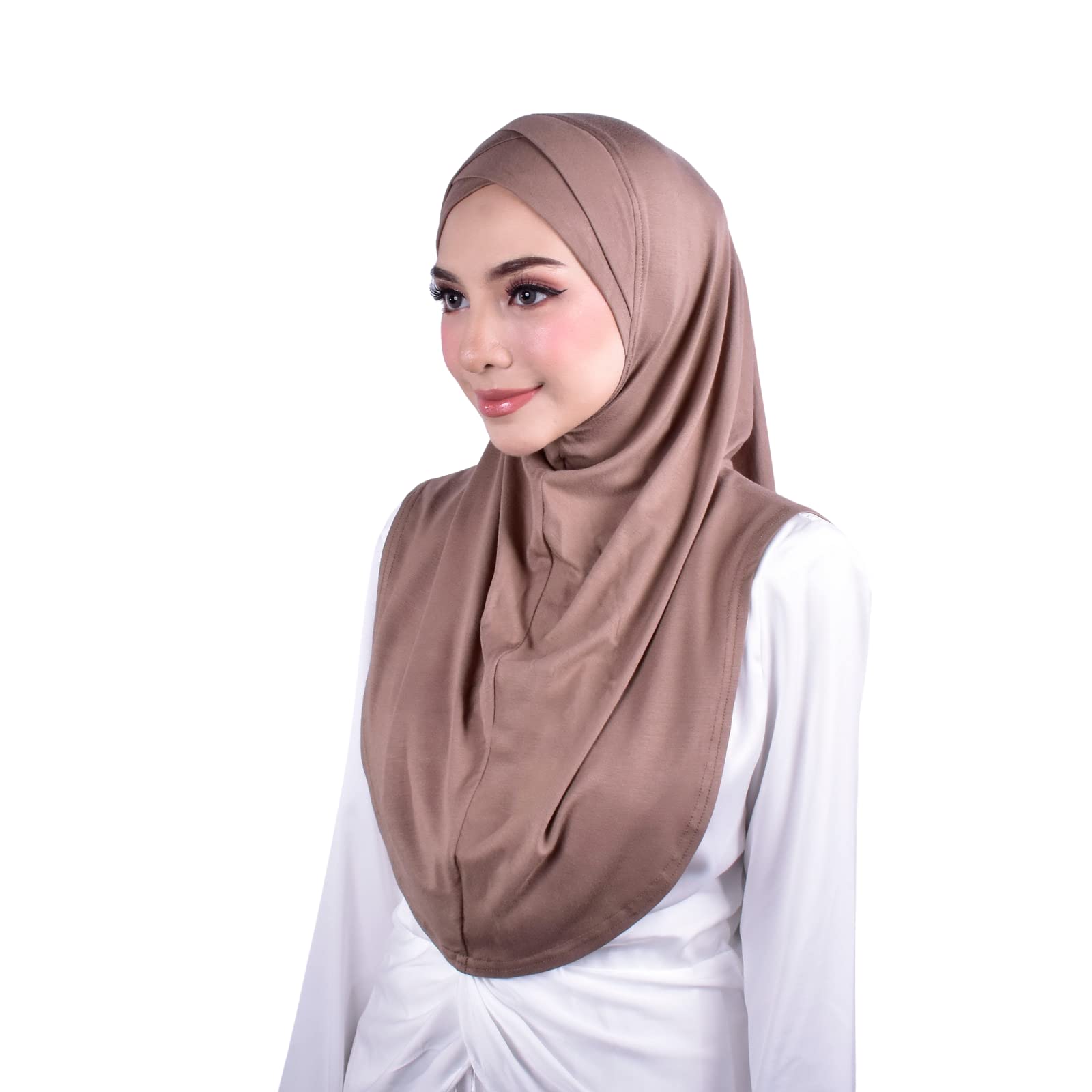 MuLanLegend Handmade | Muberra Pleated Instant Hijab | One Piece Easy Slip On Practical and Comfortable(L Size) (Deep Beige)