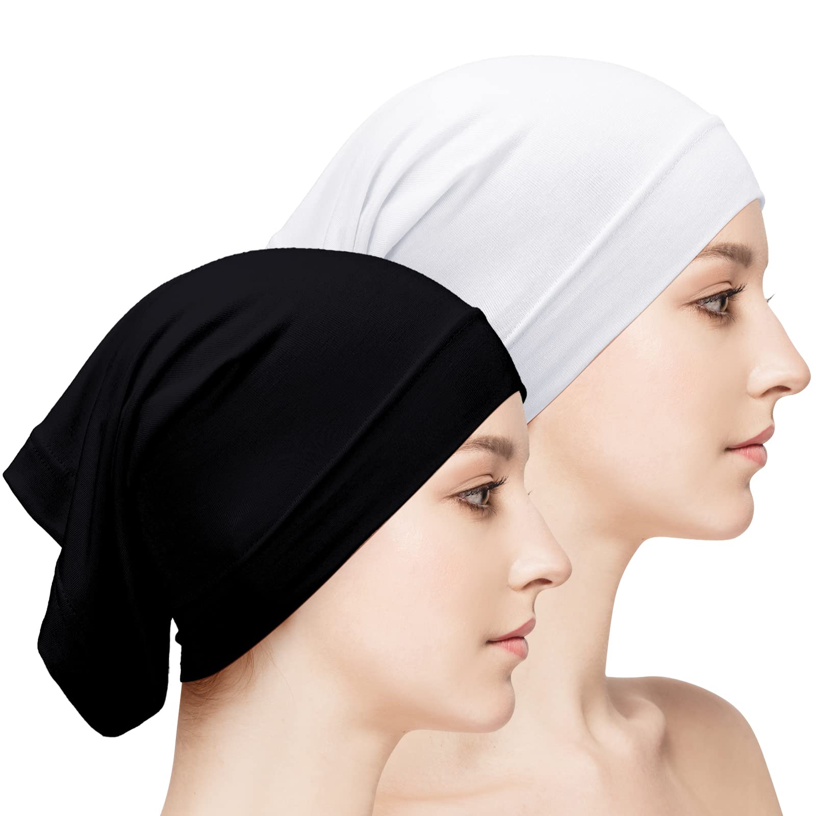 Loopeer Women Under Scarf Hijab Cap 2 Pcs Under Caps for Turban Hijab Undercap Head Wraps Scarf Solid Color Hijab Tube Stretch Dreadlocks Tube Neck Cover, Black White