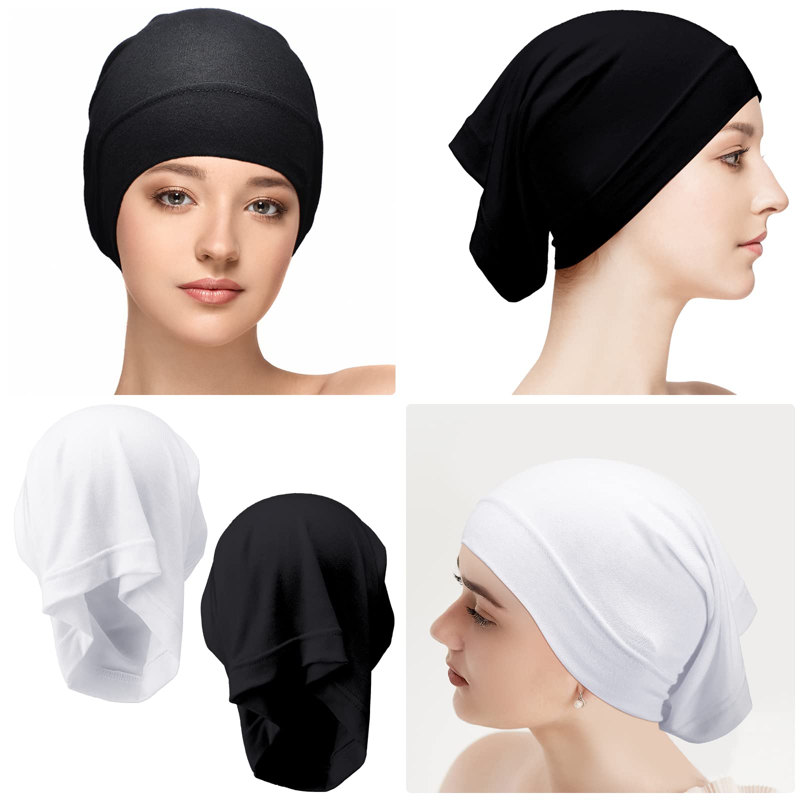 Loopeer Women Under Scarf Hijab Cap 2 Pcs Under Caps for Turban Hijab Undercap Head Wraps Scarf Solid Color Hijab Tube Stretch Dreadlocks Tube Neck Cover, Black White