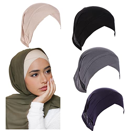 4 Pieces Muslim Inner Hijab Cap for Women Cross Turban Underscarf Undercap Bonnet Islamic Jersey Tube Caps