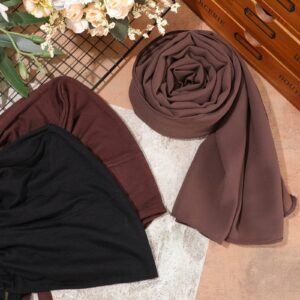 4 Pcs Women Chiffon Scarves 4 Pcs Hijab Caps Long Shawl Soft Wrap Scarves Islamic Muslim Underscarf Turban Caps Sleep Hats (Retro Colors)