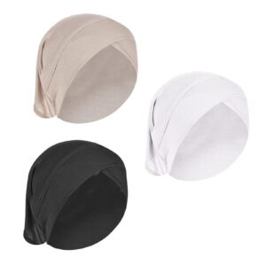 niceyst 3pcs women under scarf hijab cap islam muslim solid color cross turban inner hat soft stretch jersey bonnet tube cap (black+white+khaki)