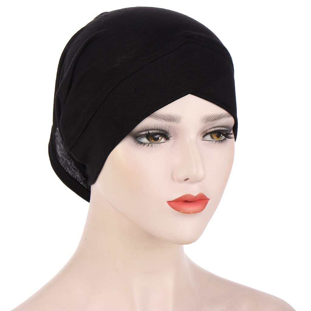 NICEYST 3pcs Women Under Scarf Hijab Cap Islam Muslim Solid Color Cross Turban Inner Hat Soft Stretch Jersey Bonnet Tube Cap (Black+White+Khaki)