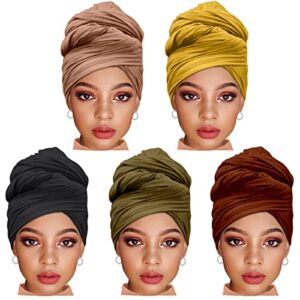 zrq 5 pieces solid color multicolor combination stretch hijab extra long scarf jersey turban fashion head scarf soft head wraps for women (black,camel,coffee,army green,turmeric)